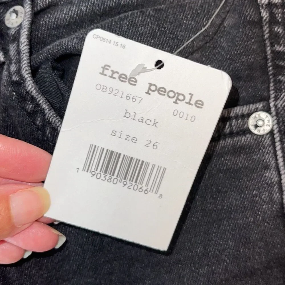 Free People Womens Fringe Hem Solid Cotton Blend Skinny Jeans Black‎ Size 26 NWT